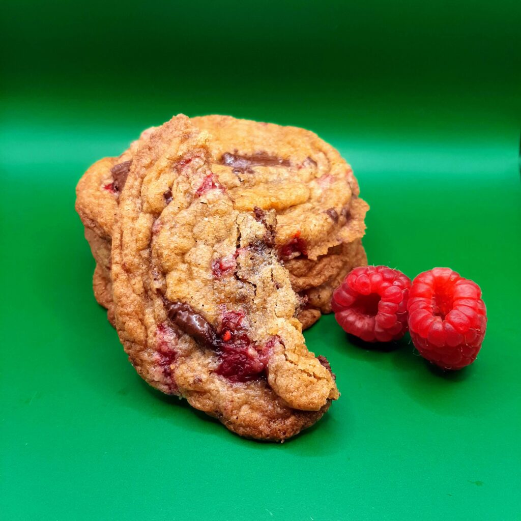 Vanilla cookie dark choc chunks fresh raspberries